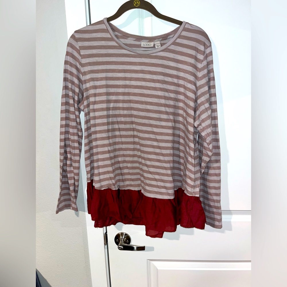 LOGO by Lori Goldstein Striped Blouse w/ Peplum Styled Skirt - Size XL